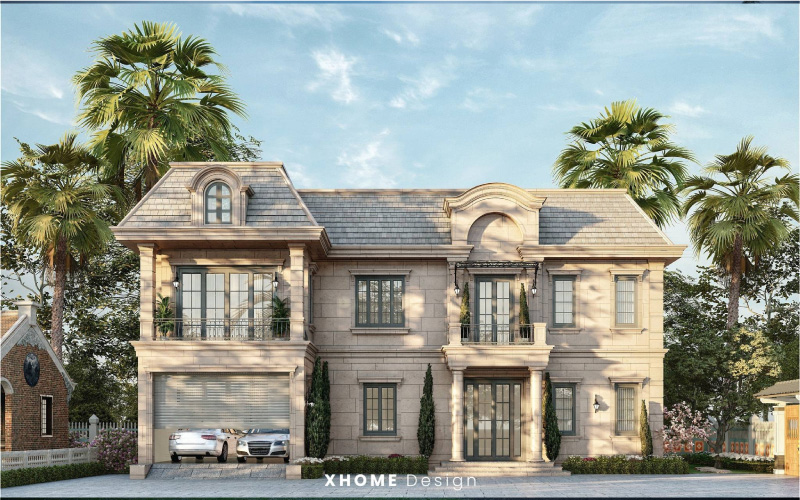 Mẫu nhà villa 2 tầng đẹp mái mansard phong cách Châu Âu