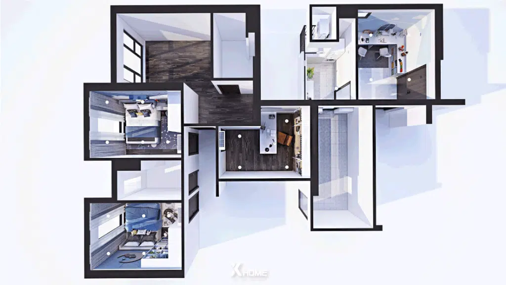 Bản render 3D top view nội thất căn hộ duplex