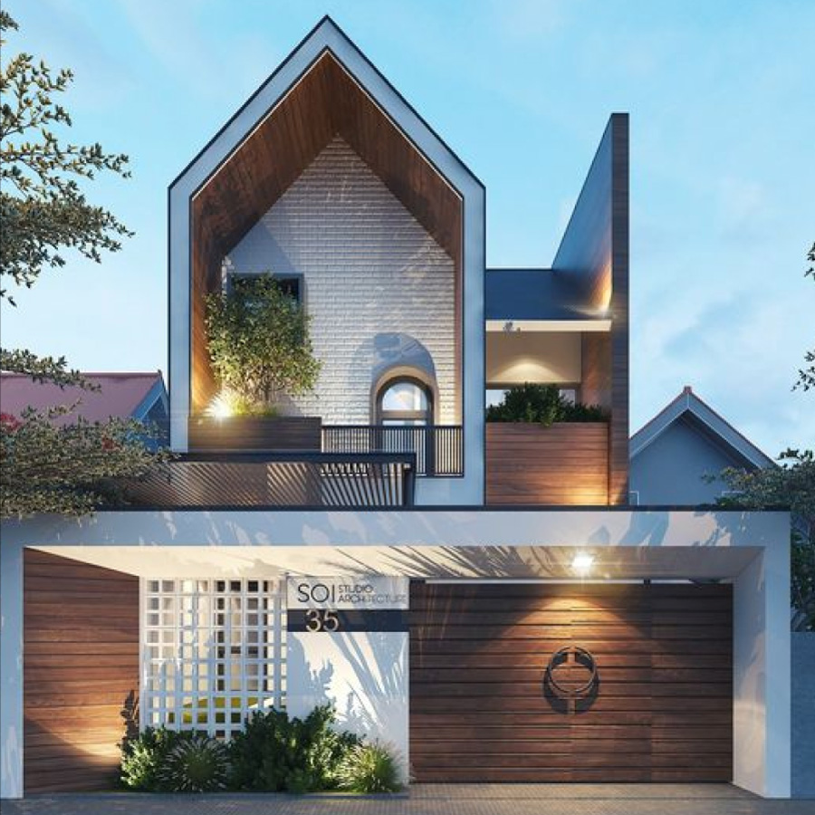 Thiết kế nhà ống hiện đại 2 tầng mái nhọn