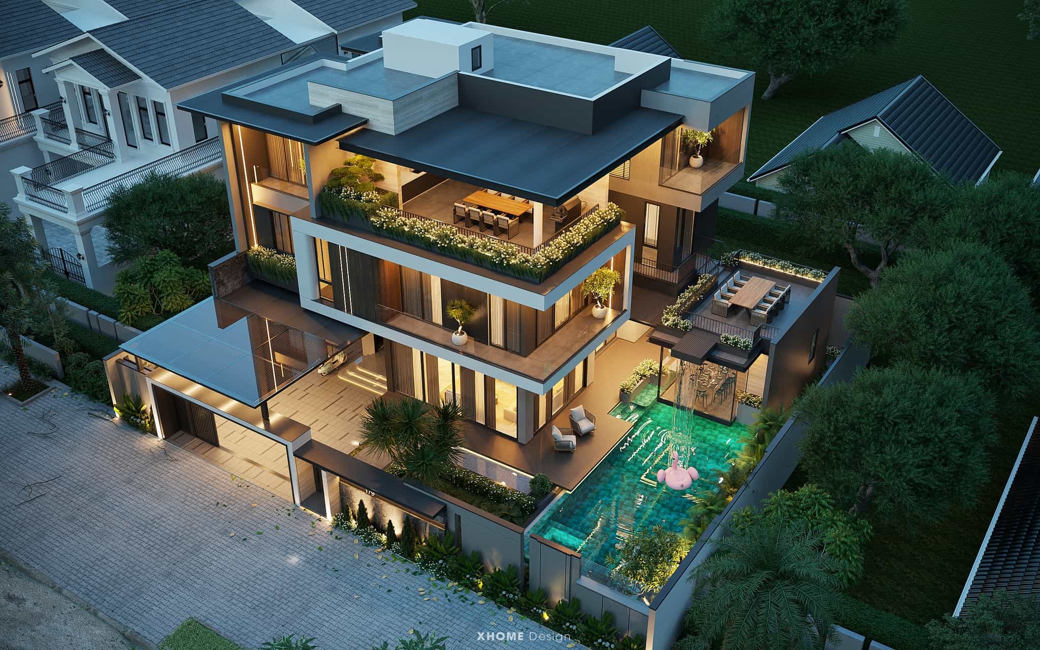 68+ mẫu thiết kế biệt thự hồ bơi đẹp đáng tham khảo 8 Biệt thự hiện đại 3 tầng có hồ bơi