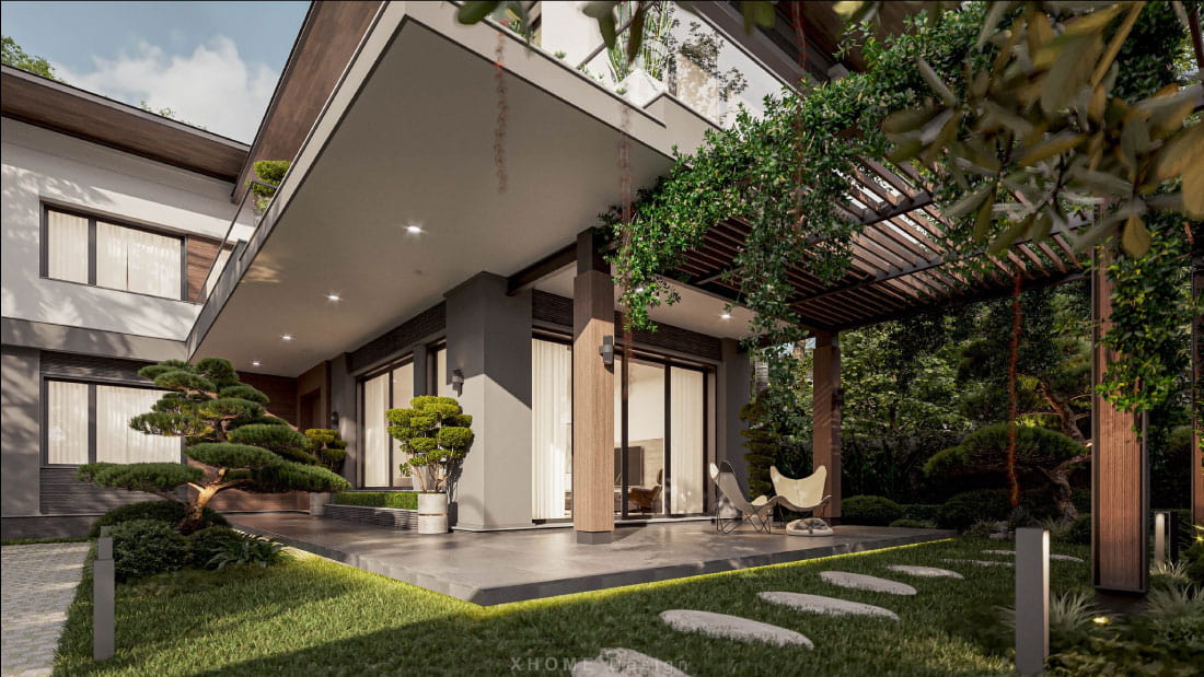 99 mẫu biệt thự nhà vườn đa dạng phong cách, diện tích và số tầng 10 Biệt thự nhà vườn 2 tầng hình chữ L hiện đại