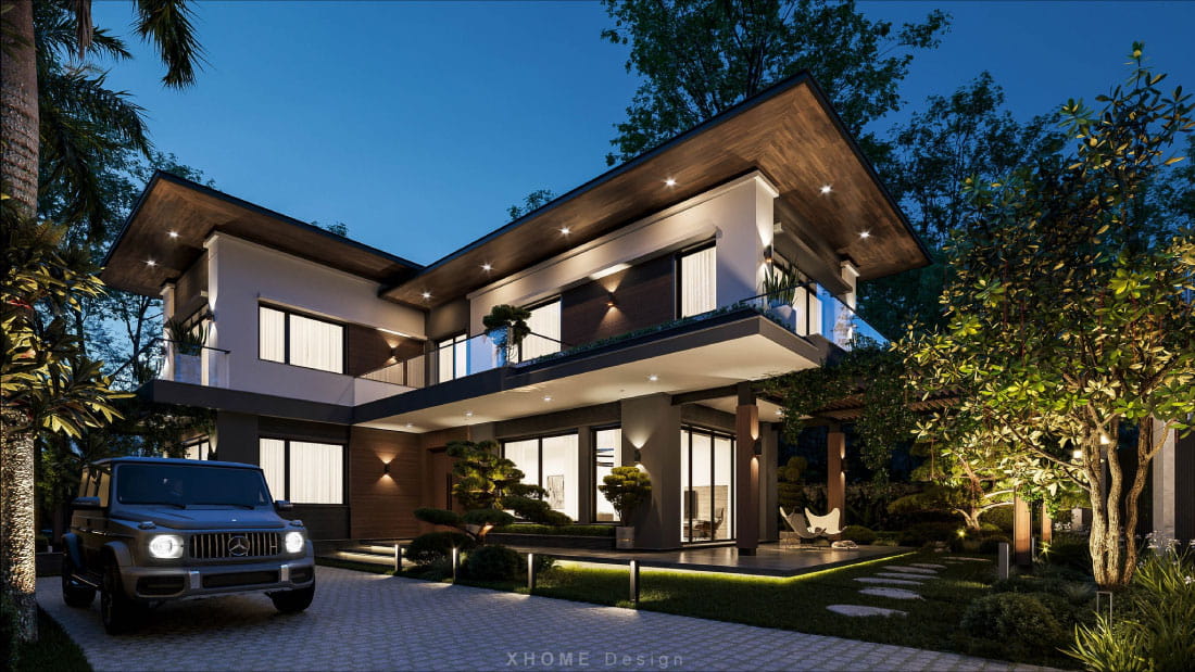 99 mẫu biệt thự nhà vườn đa dạng phong cách, diện tích và số tầng 11 Biệt thự nhà vườn 2 tầng hình chữ L hiện đại