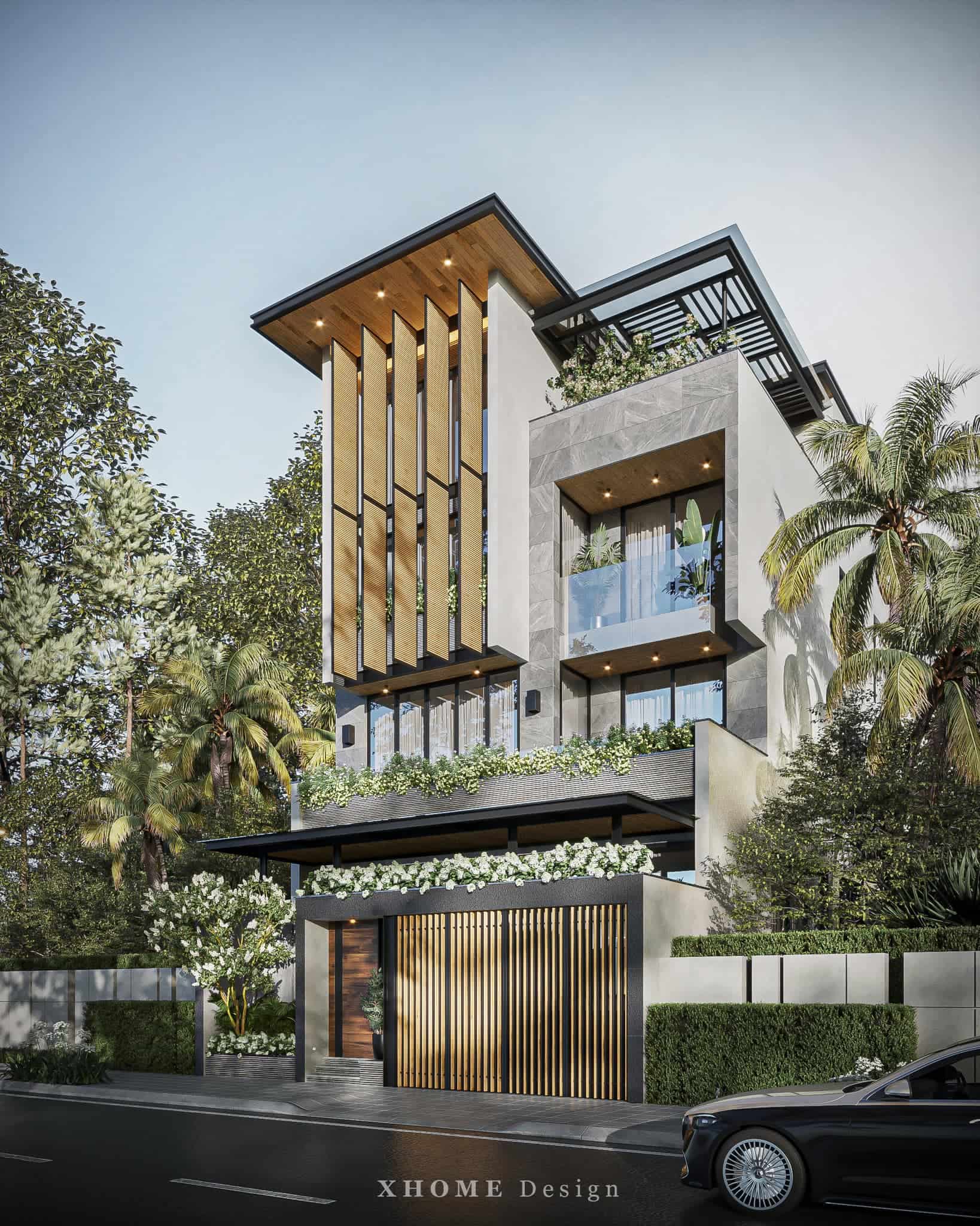 Mẫu nhà phố 3 tầng tích hợp mảng xanh