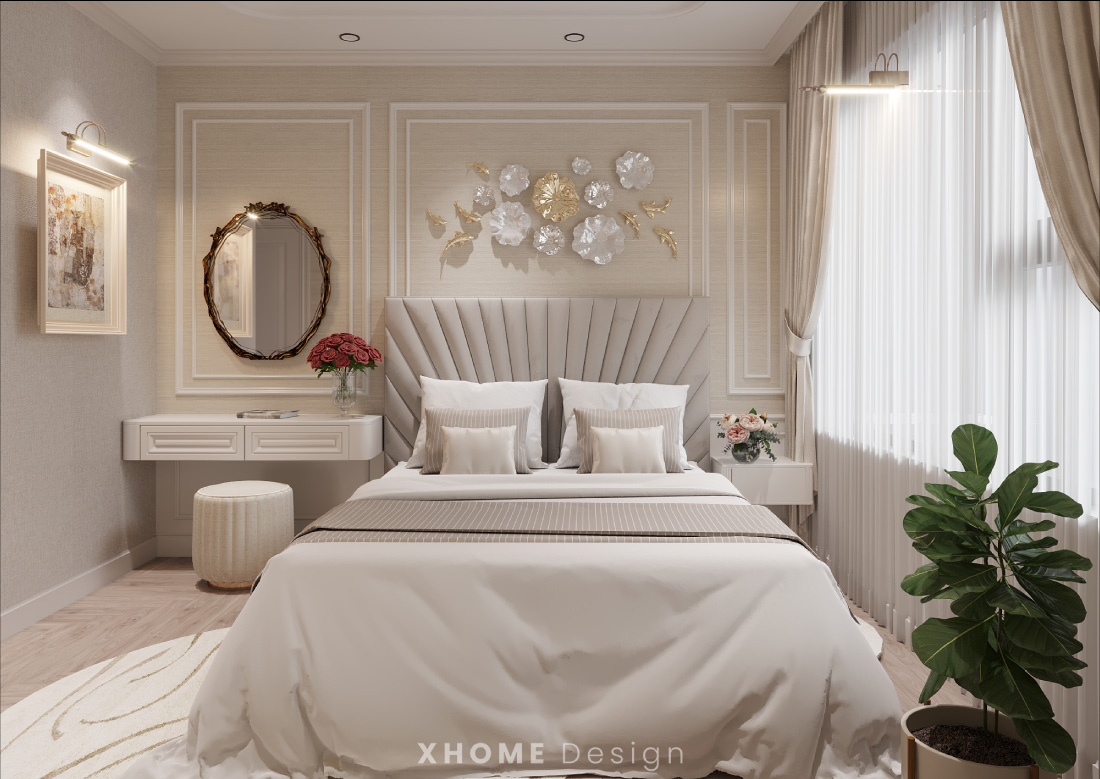 Thiết kế nội thất chung cư tân cổ điển gam màu trắng