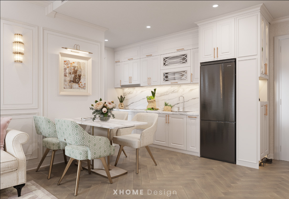 Thiết kế nội thất chung cư tân cổ điển gam màu trắng