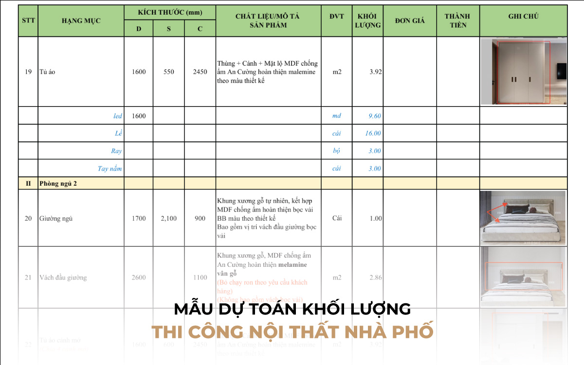 Bảng báo giá thi công nội thất trọn gói mới nhất 2025 3 Mẫu dự toán giá thi công nội thất nhà phố