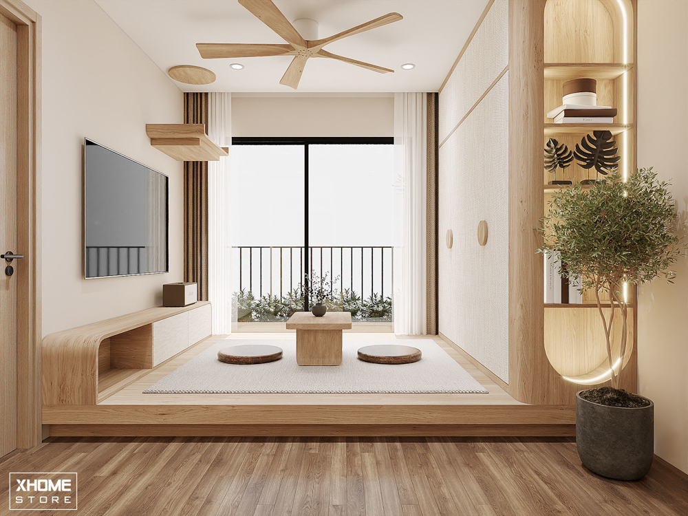 50+ Mẫu thiết kế nội thất chung cư 70m2 tối ưu từng không gian 26 Phòng khách kết hợp với logia hoặc ban công