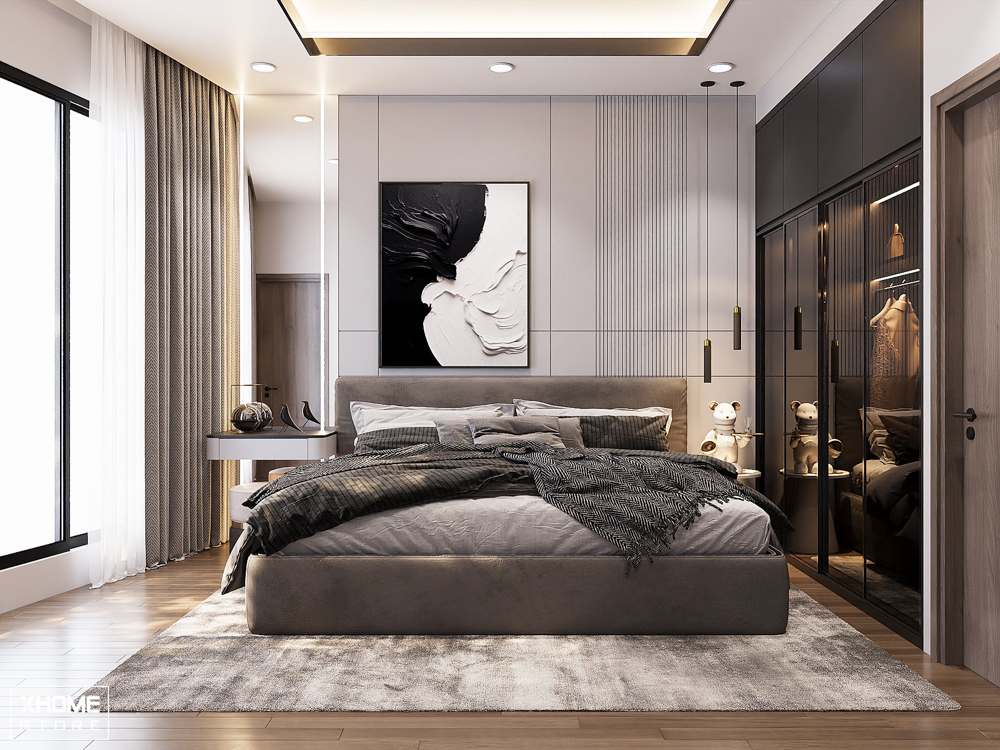 50+ Mẫu thiết kế nội thất chung cư 70m2 tối ưu từng không gian 29 Phòng ngủ kết hợp tủ âm tường