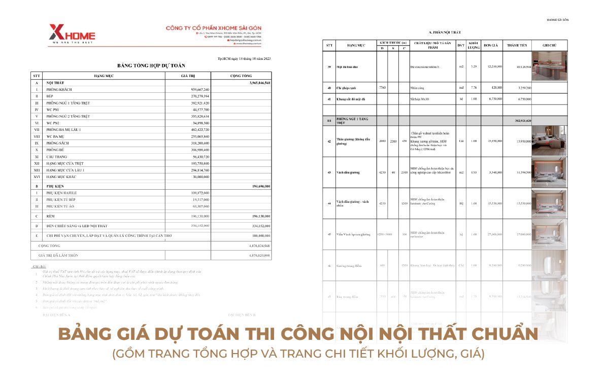 Bảng báo giá thi công nội thất trọn gói mới nhất 2025 9 bảng giá thi công nội thất chuẩn có giá trị thực tế của XHOME Sài Gòn
