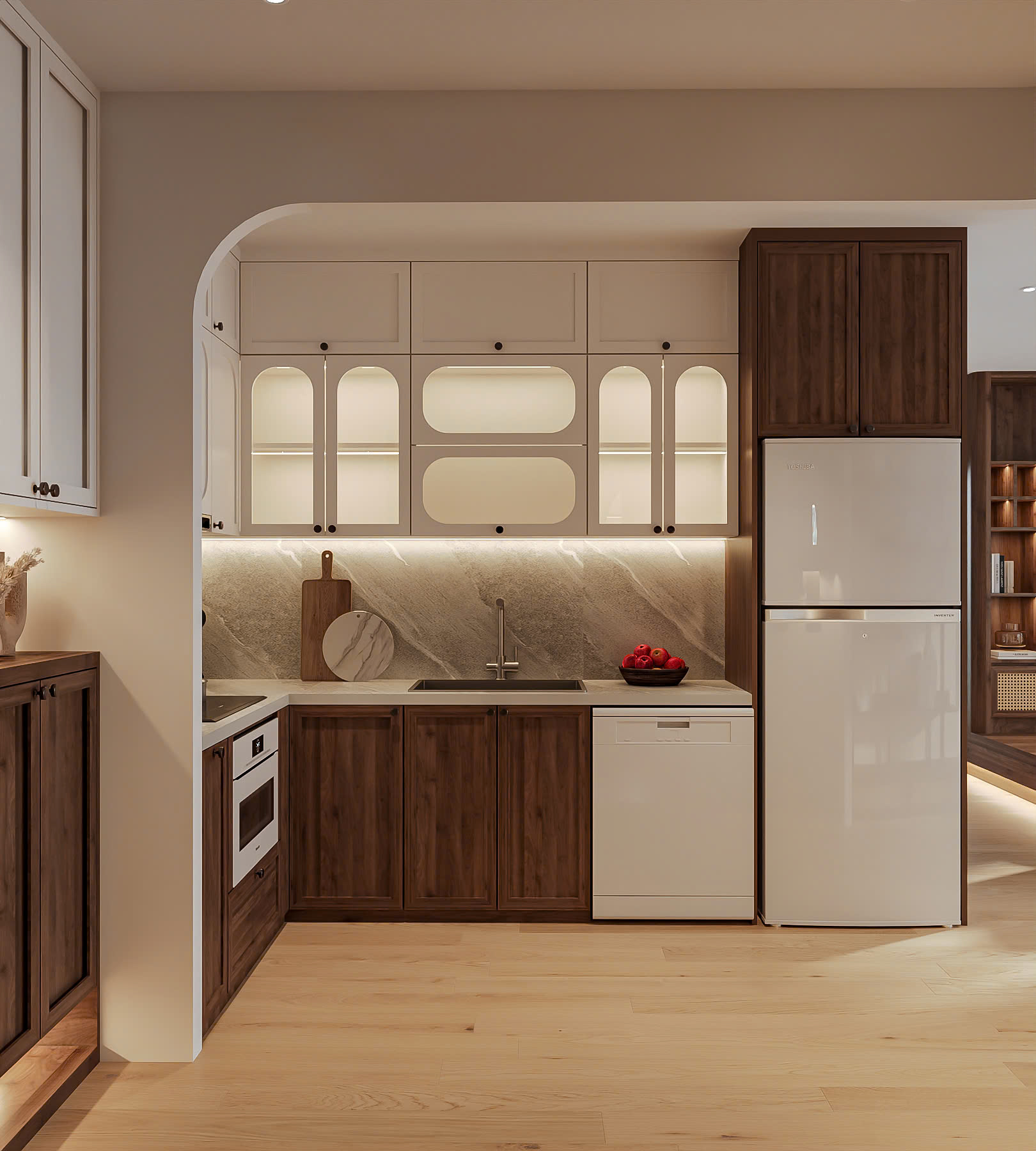 Thiết kế nội thất chung cư 60m2 đẹp, tối ưu không gian 1 Diện tích phòng khách và bếp thường liền kề