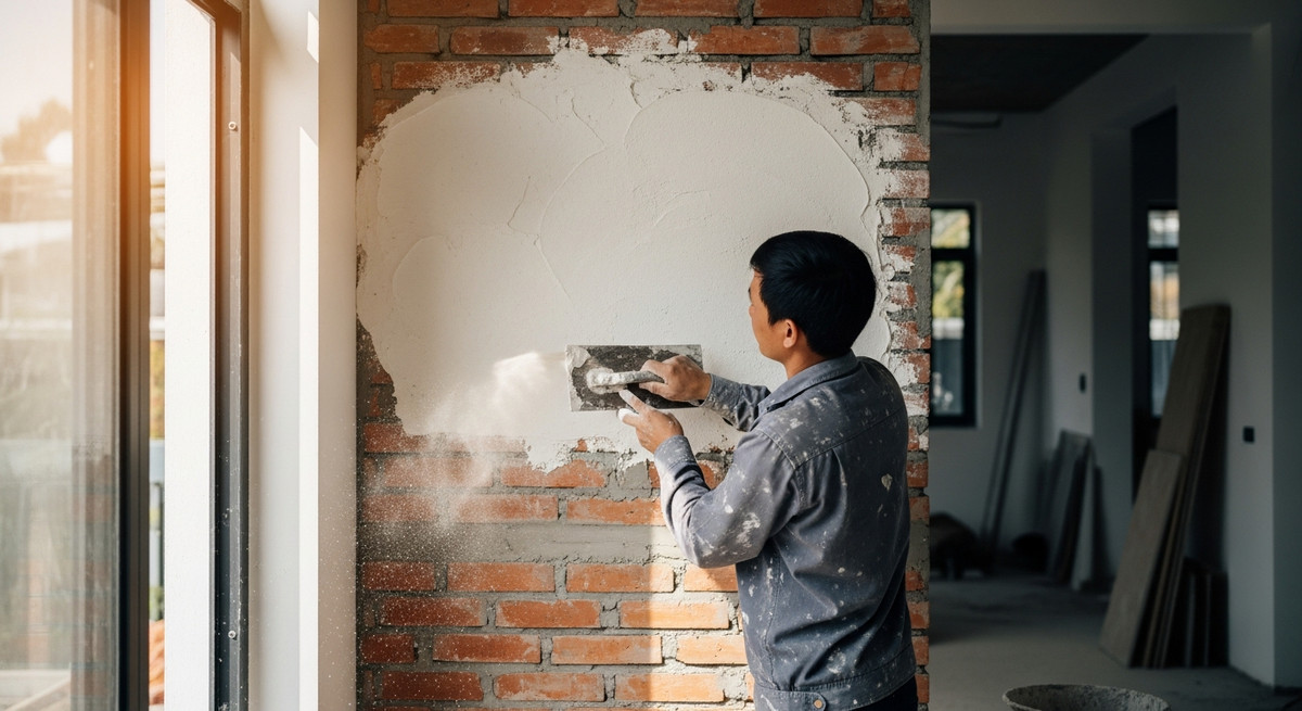 Xử lý tường thô trước khi sơn Thợ thi công đang bả matit và xả phẳng tường thô trước khi sơn hiệu ứng.