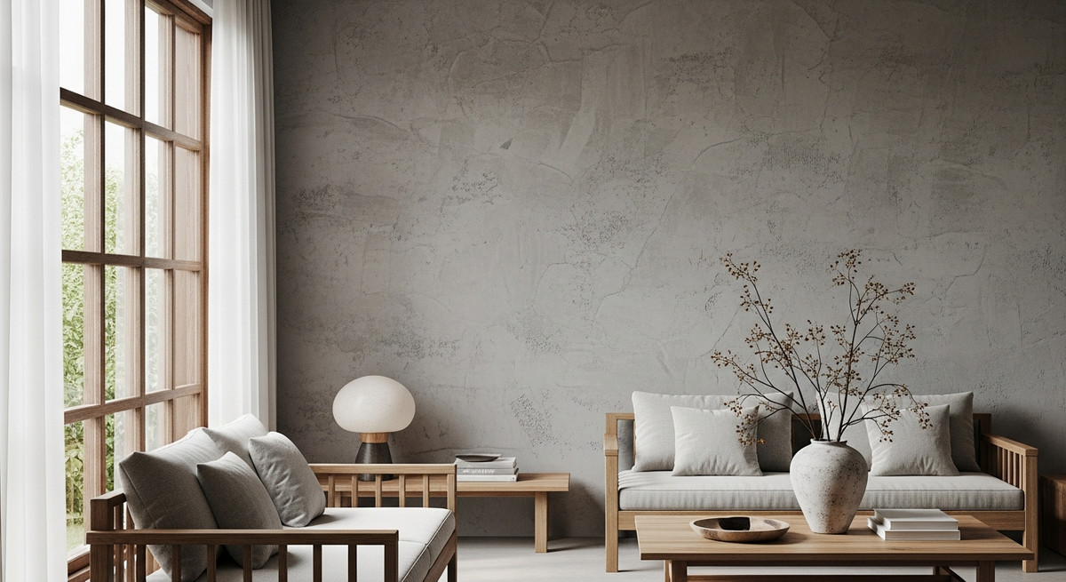 Bức tường sơn hiệu ứng bê tông thô mộc trong không gian biệt thự phong cách Wabi Sabi.