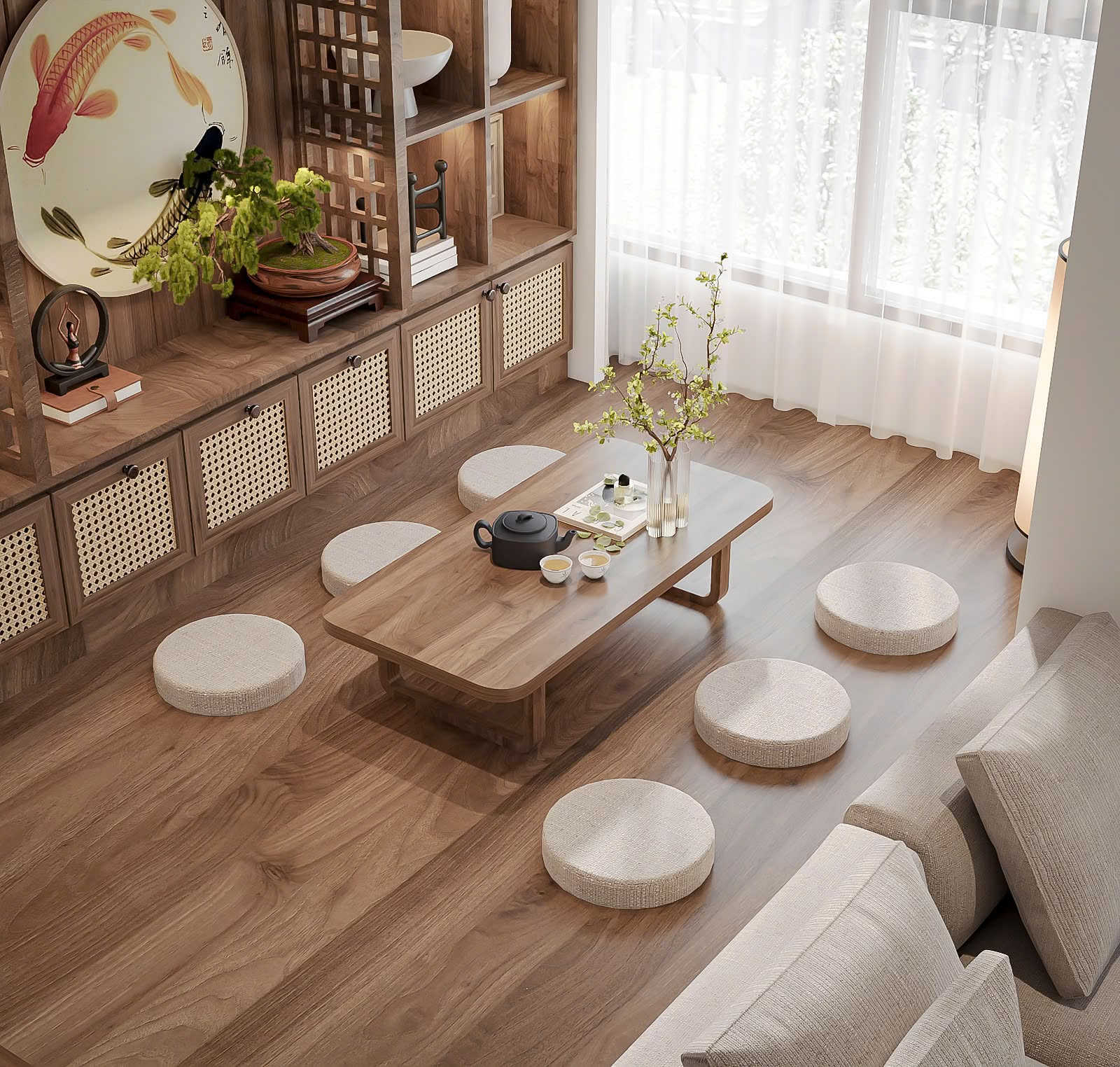 Thi Công Nội Thất Biệt Thự Wabi Sabi: Đánh Thức Vẻ Đẹp Nguyên Bản 10 Thi công nội thất biệt thự Wabi Sabi - Phòng trà & thiền 1